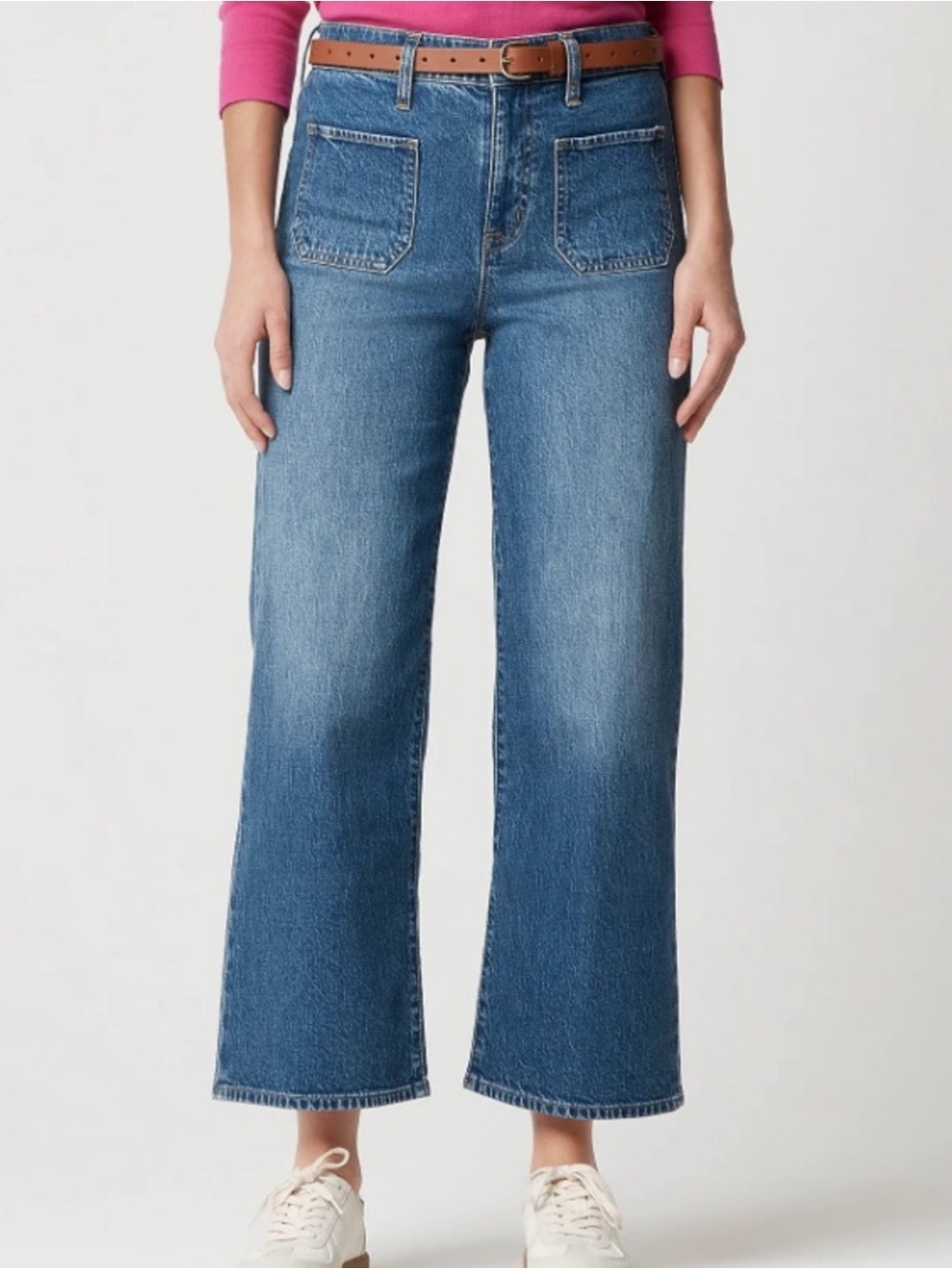 J. Crew Pink-Trimmed Blue Wide-Leg Jeans with Patch Pockets